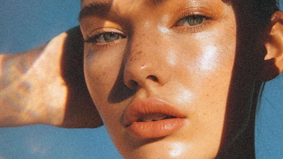 Close-up portrait of a woman with glowing skin, hand near her face
