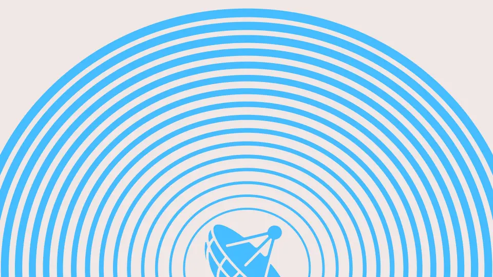 Concentric blue rings with a small bird mark on a pale background