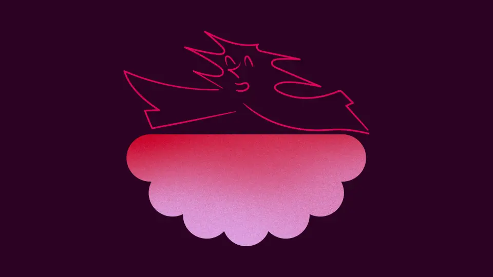 Pink and red stylised cloud shape on a dark purple background