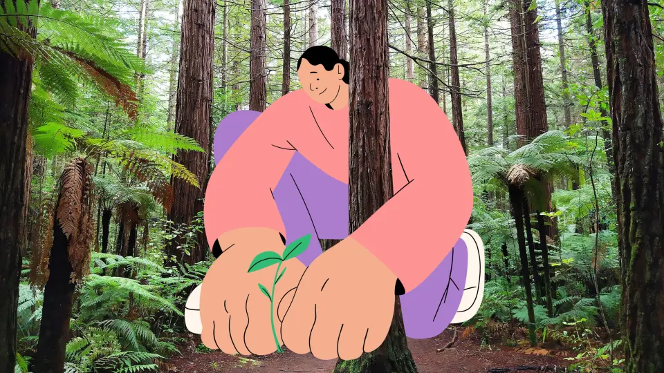 Illustrated figure hugging a large plant in a forest