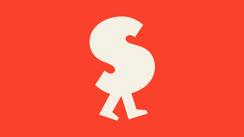 White dollar-sign-style mark on a red background