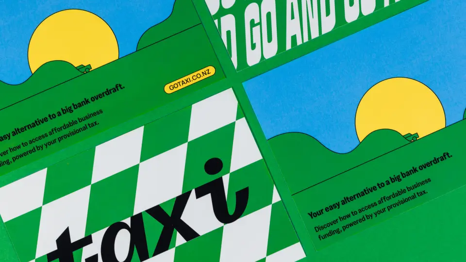 Green taxi-style brand pattern with a sun graphic and “taxi” wordmark