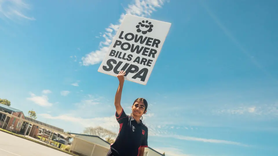 Person holding a sign aloft against a blue sky