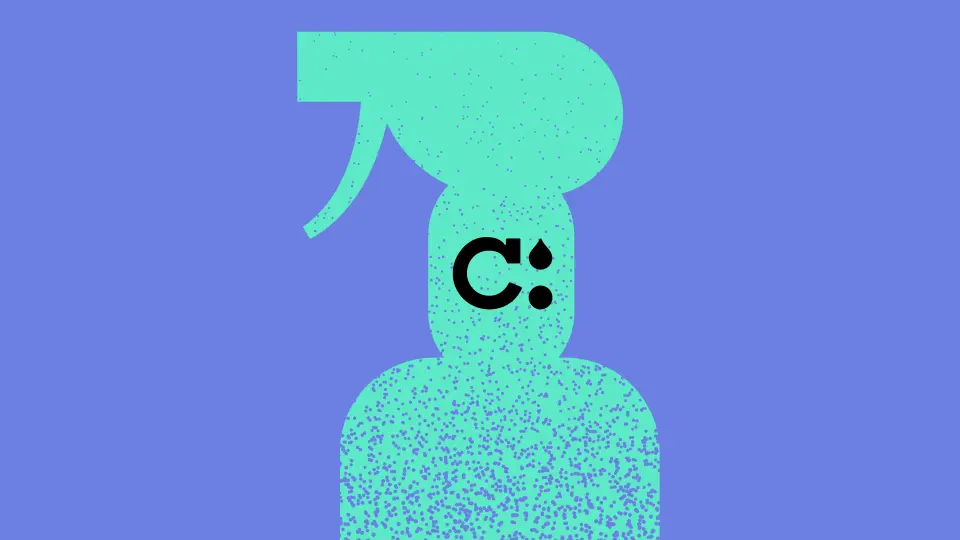 Spray bottle illustration with a “C” mark on a blue background