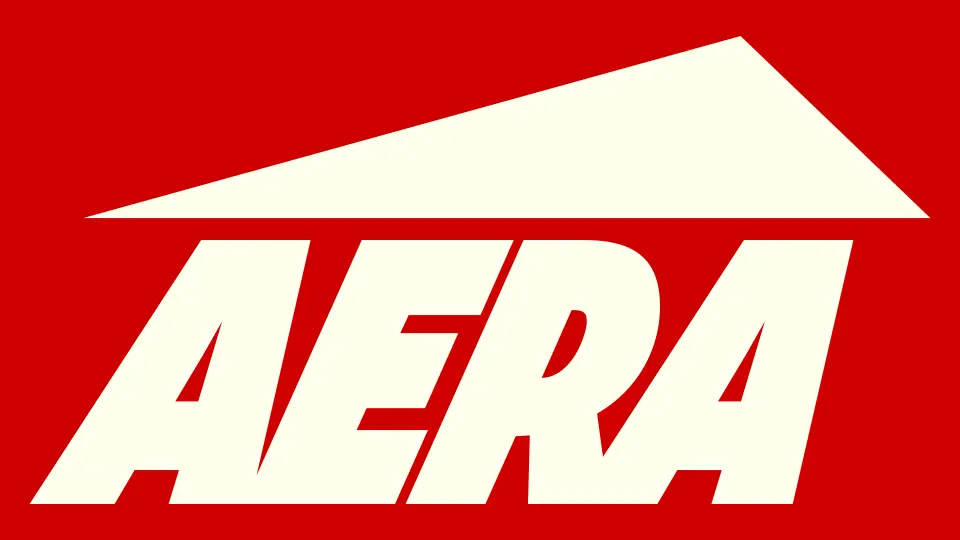 Red and white AERA logo on a red background