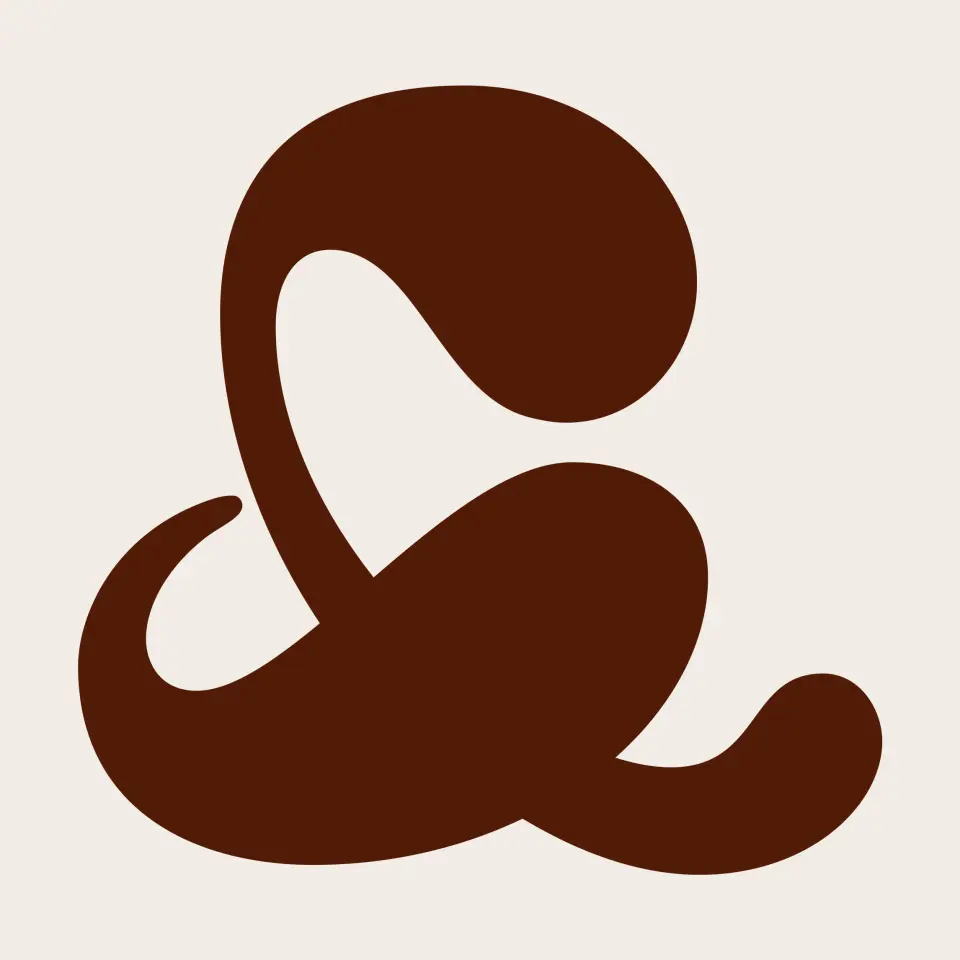 Brown abstract ampersand-style mark on a cream background