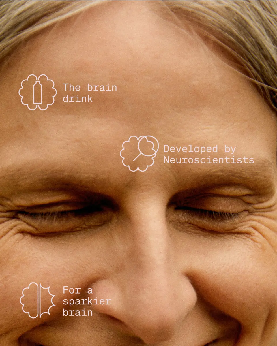 Close-up of a smiling person with eyes closed, with Ārepa icons and the words "The brain drink"