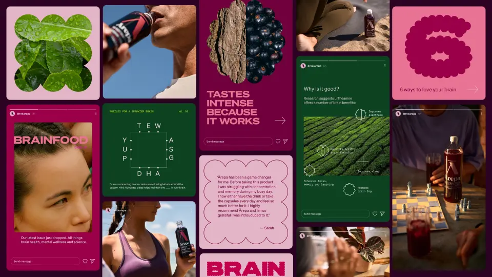 Collage of Ārepa brand photos, patterns and the word "Brain" on a purple grid