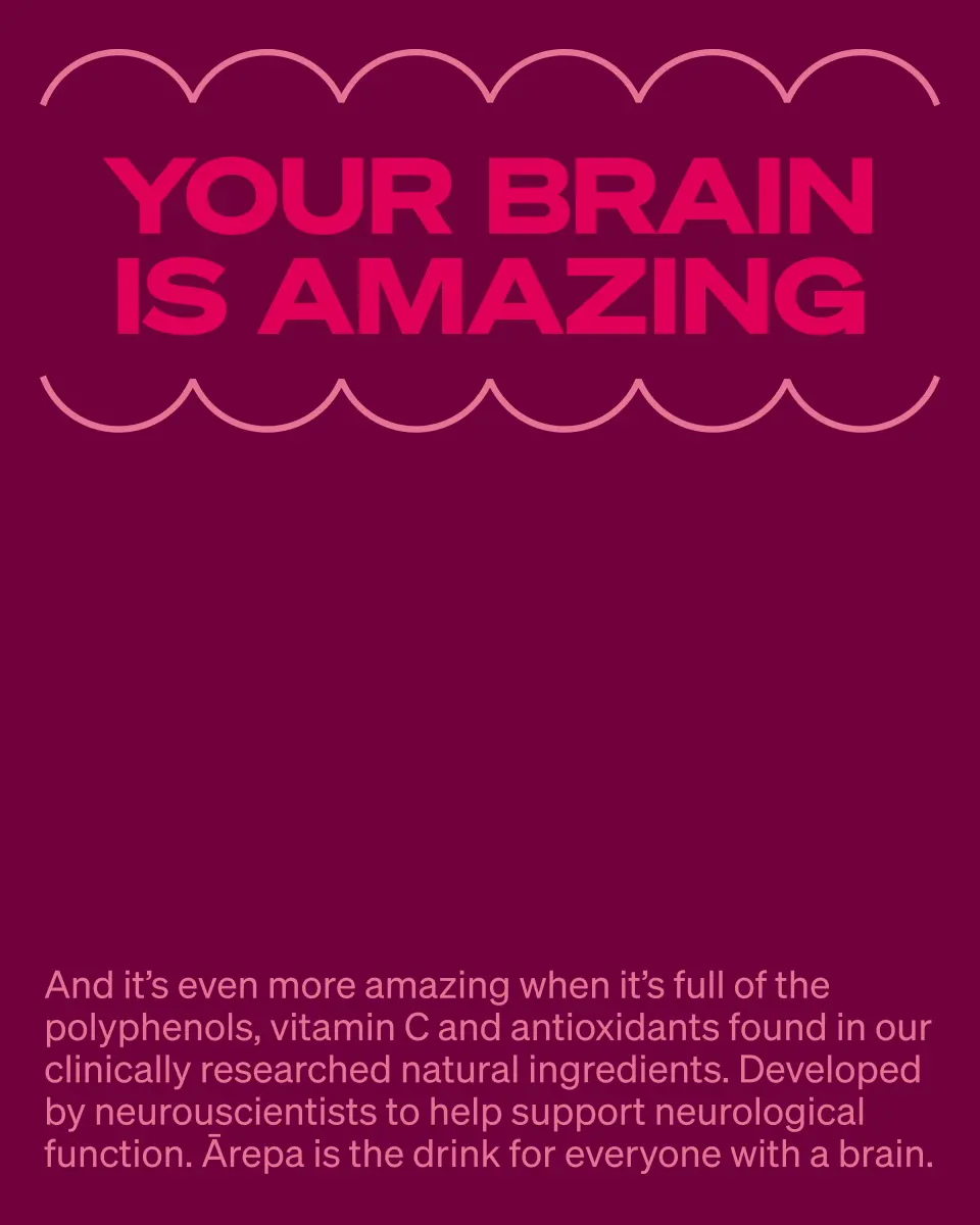 Dark pink Ārepa poster reading "Your brain is amazing"