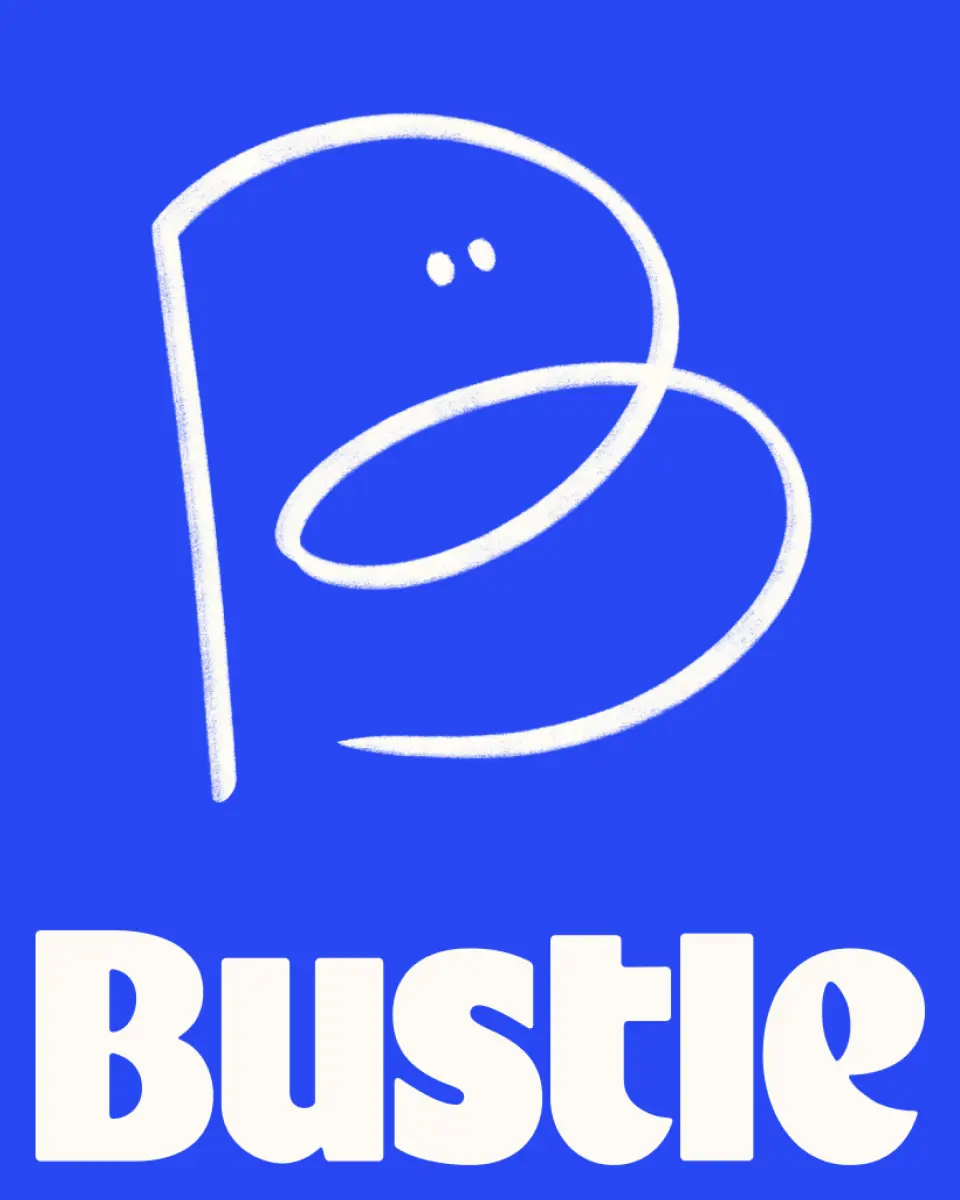Hand-drawn “B” mark above the Bustle wordmark on blue
