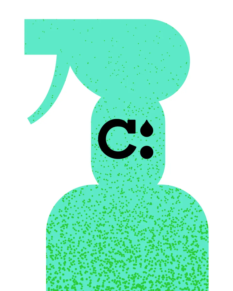 Spray bottle illustration with a “C” mark on a pale green background