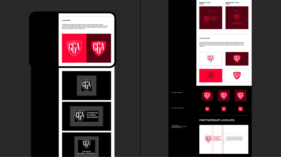 Crimson Global Academy app and brand screens on a dark background