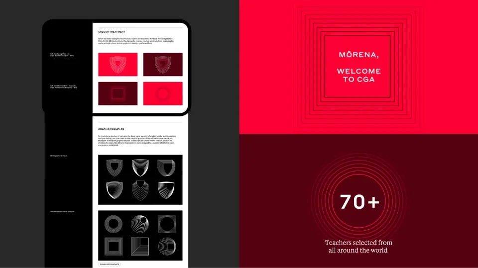 Crimson Global Academy brand screens with a “70+” statistic on red