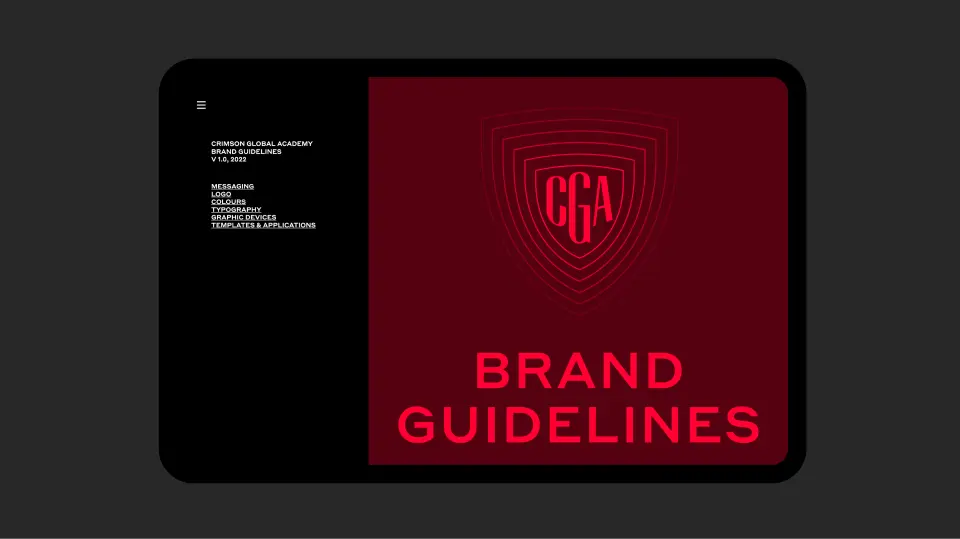Crimson Global Academy brand guidelines cover on a dark screen