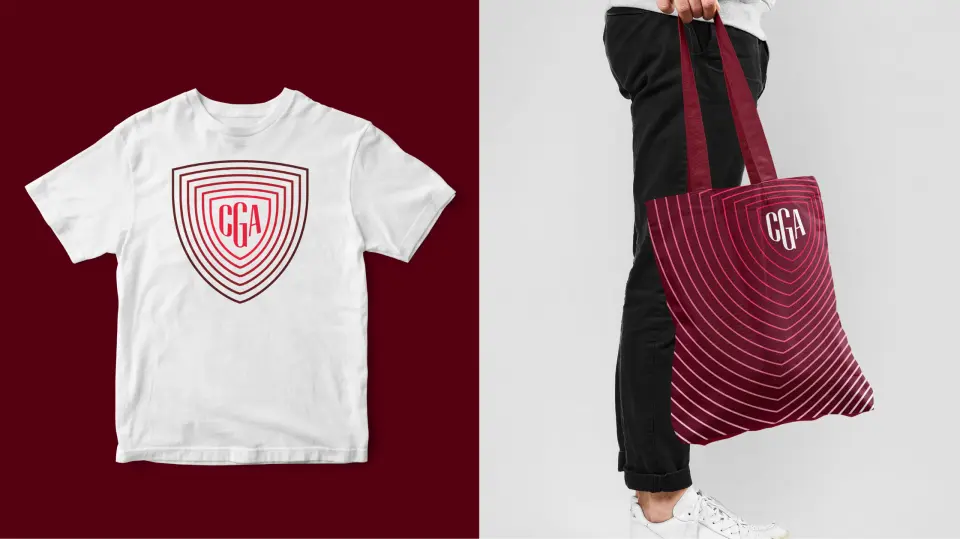 White t-shirt and red tote bag printed with the Crimson Global Academy crest
