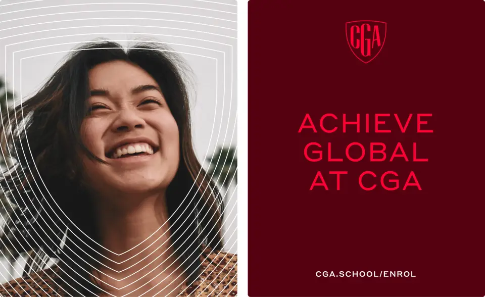 Smiling student beside a red Crimson Global Academy poster “Achieve global at CGA”