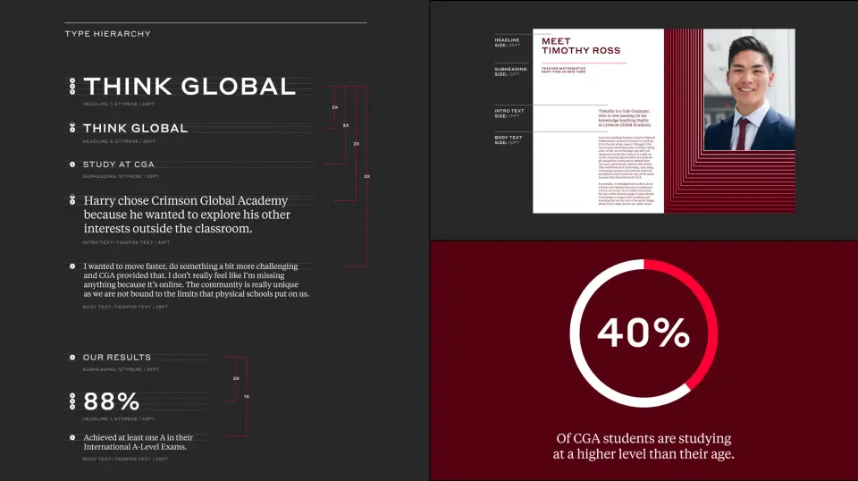 Crimson Global Academy brand and website layouts on a dark background
