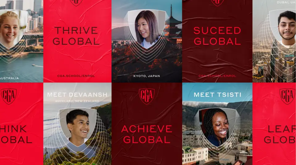 Grid of Crimson Global Academy red tiles with student photos and crests