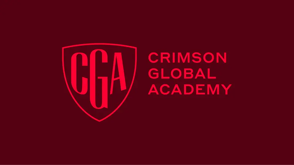 Crimson Global Academy crest and wordmark in red on dark red