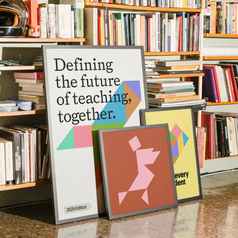 Education Perfect poster “Defining the future of teaching together” on a bookshelf