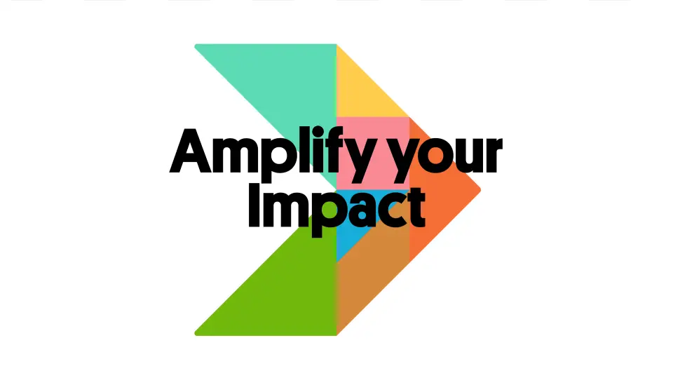 “Amplify your impact” lockup with a green arrow mark