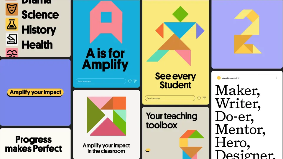 Collage of Education Perfect posters in bright geometric colours
