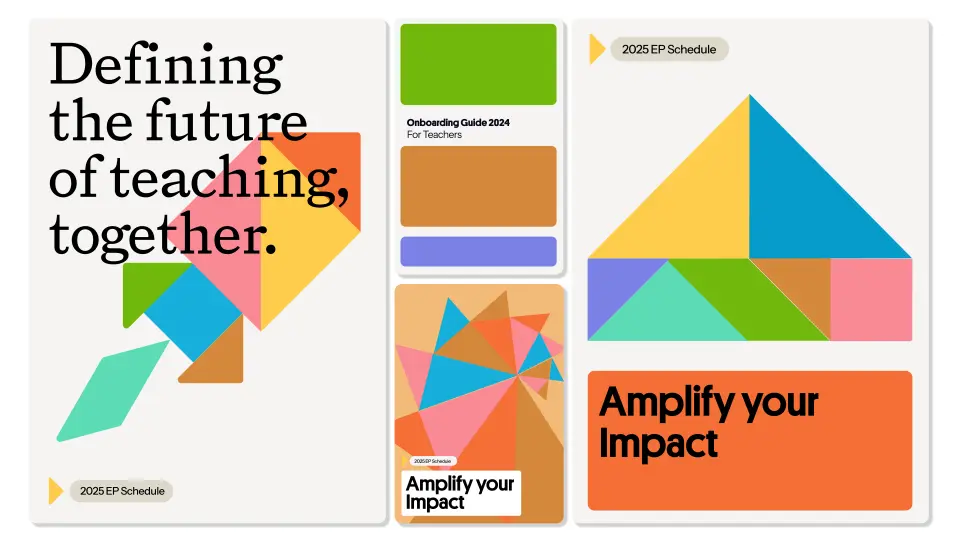 Education Perfect brand posters “Defining the future of teaching, together” on a white wall