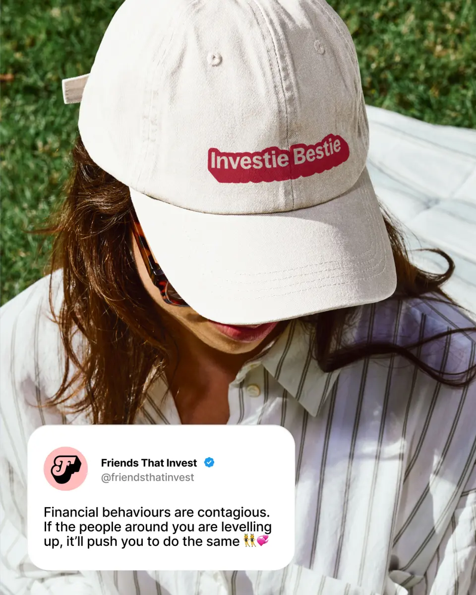 Person in a Friends That Invest cap beside a social post graphic