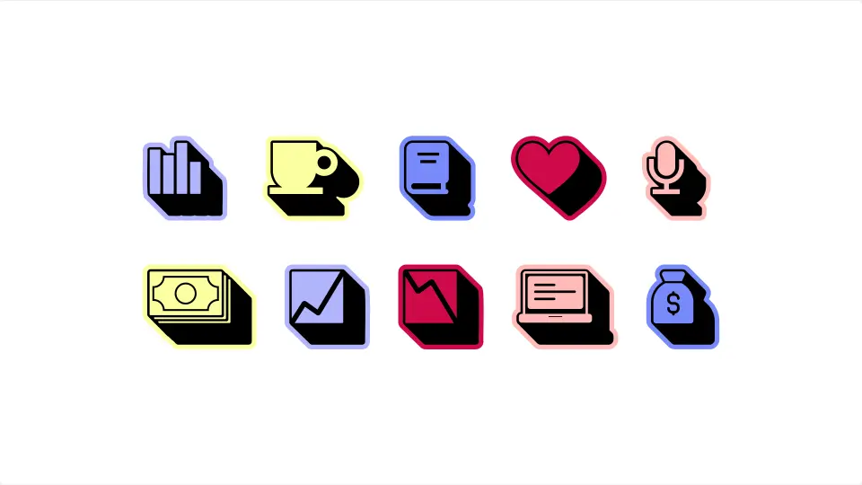 Row of black, pink and blue Friends That Invest “F” icons on white