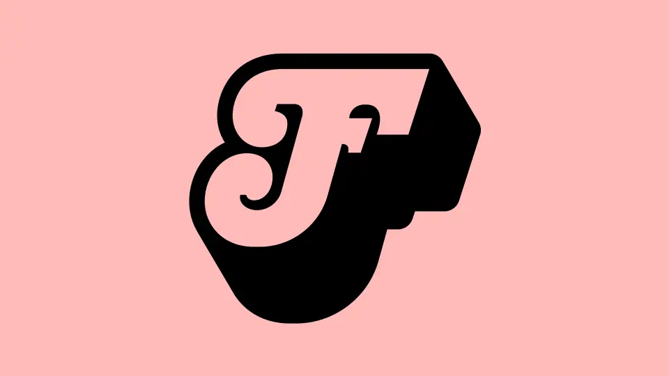 Bold black script letter “F” on a pink background