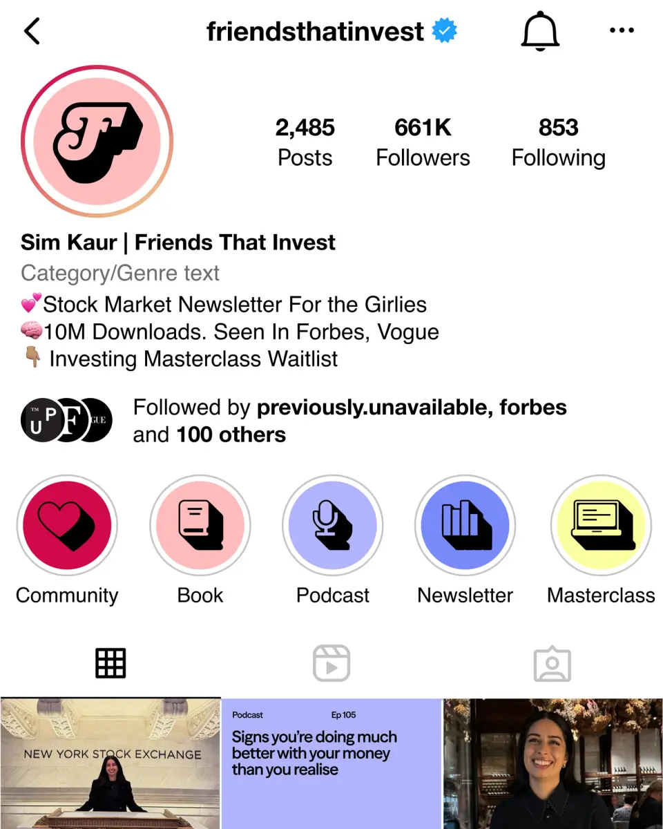 Friends That Invest Instagram profile screen with highlights and follower counts