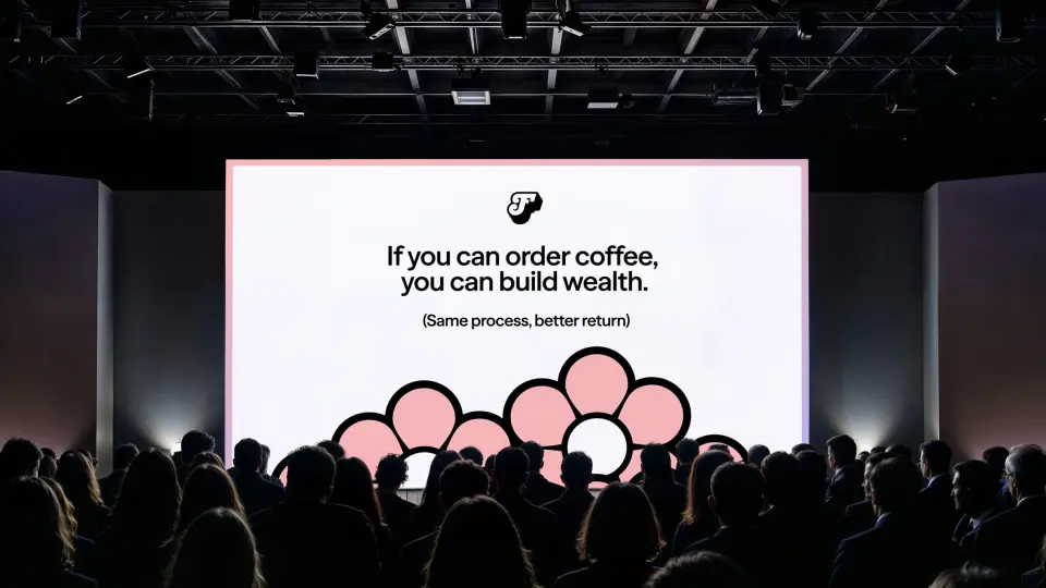 Speaker on stage in front of a large Friends That Invest slide