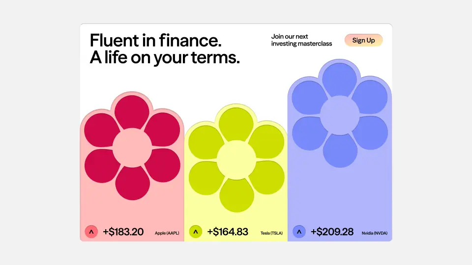 Friends That Invest social post “Fluent in finance. A life on your terms.” with flower icons