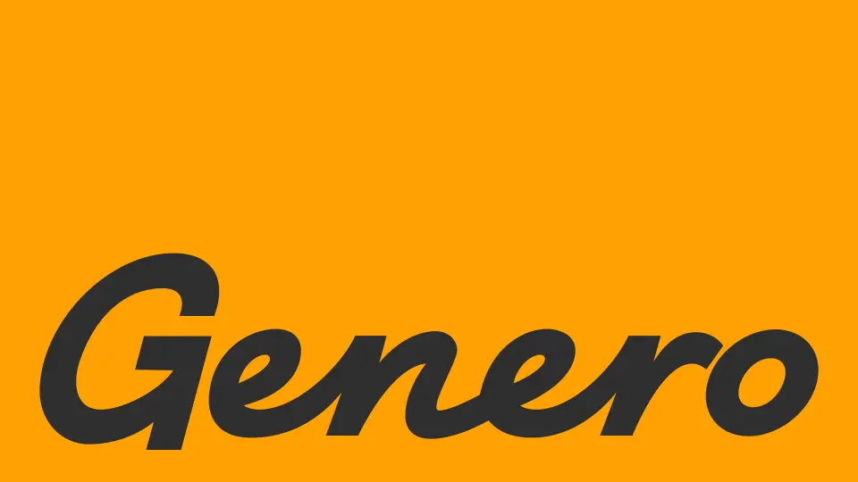 Genero wordmark in dark italic script on an orange background