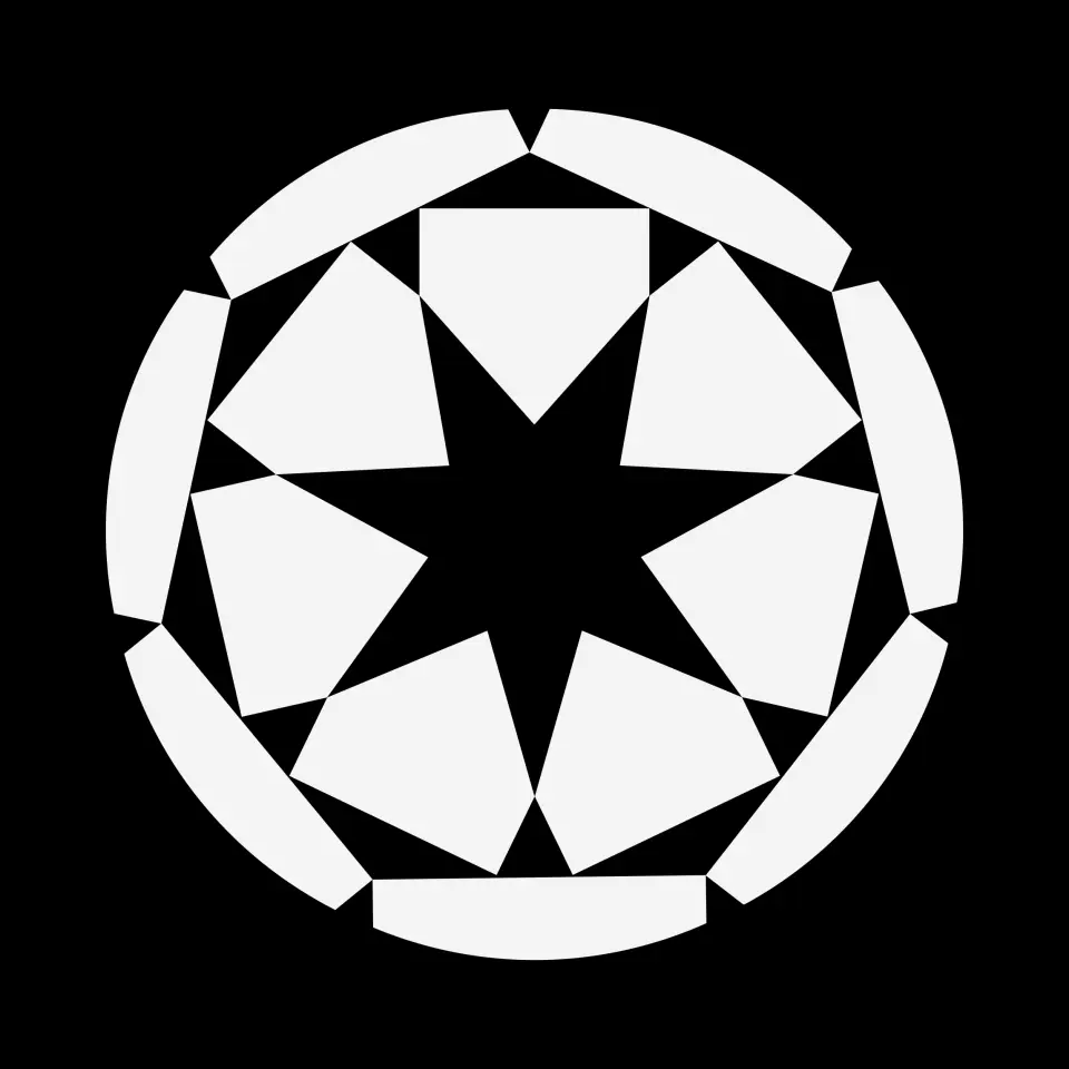 White geometric pattern of angular shapes forming a circle and seven-pointed star on a black background