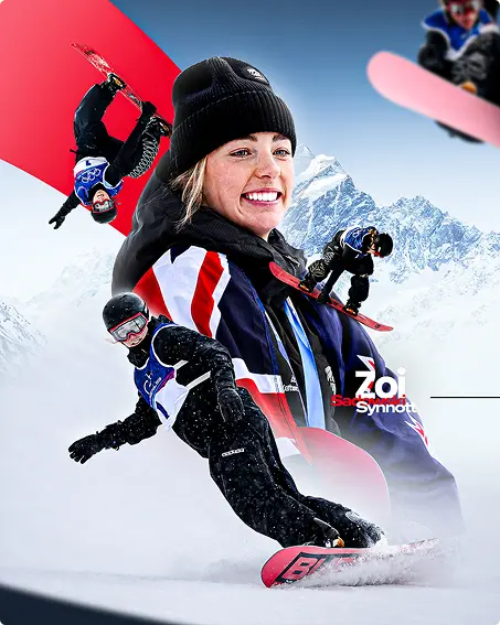 Smiling snowboarder in a beanie and ski jacket with other riders on a snowy mountain behind