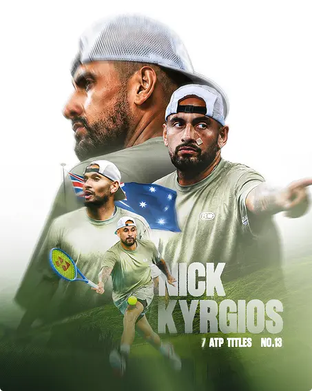 Graphic poster of tennis player Nick Kyrgios with a flag and the text "Nick Kyrgios"