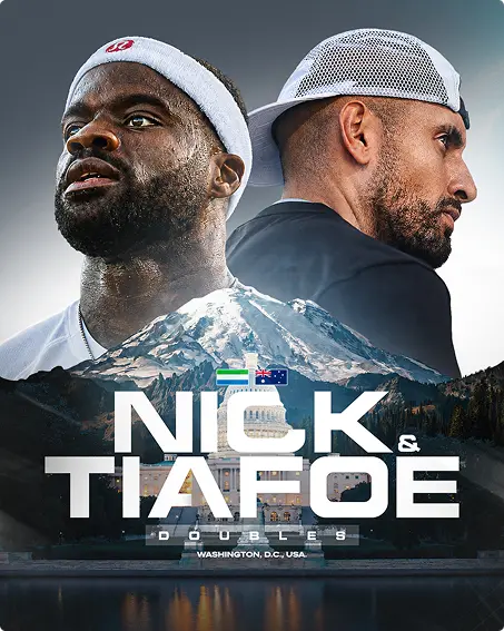 Graphic poster of two tennis players under the text "Nick & Tiafoe"