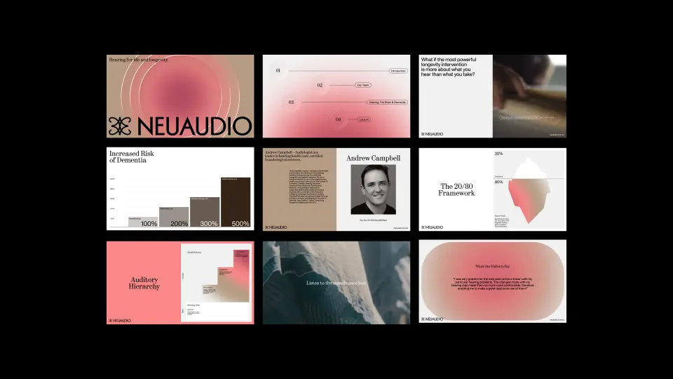 NeuAudio brand cards and layouts on a dark background