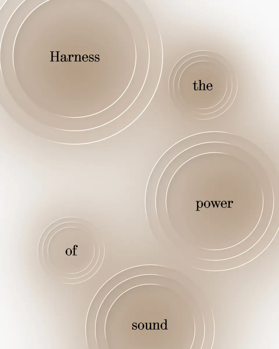 NeuAudio poster “Harness the power of sound” with concentric rings on cream
