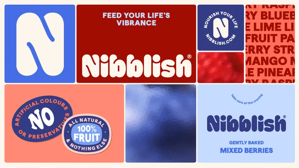 Nibblish brand tiles with a blue “N” mark, packaging and labels