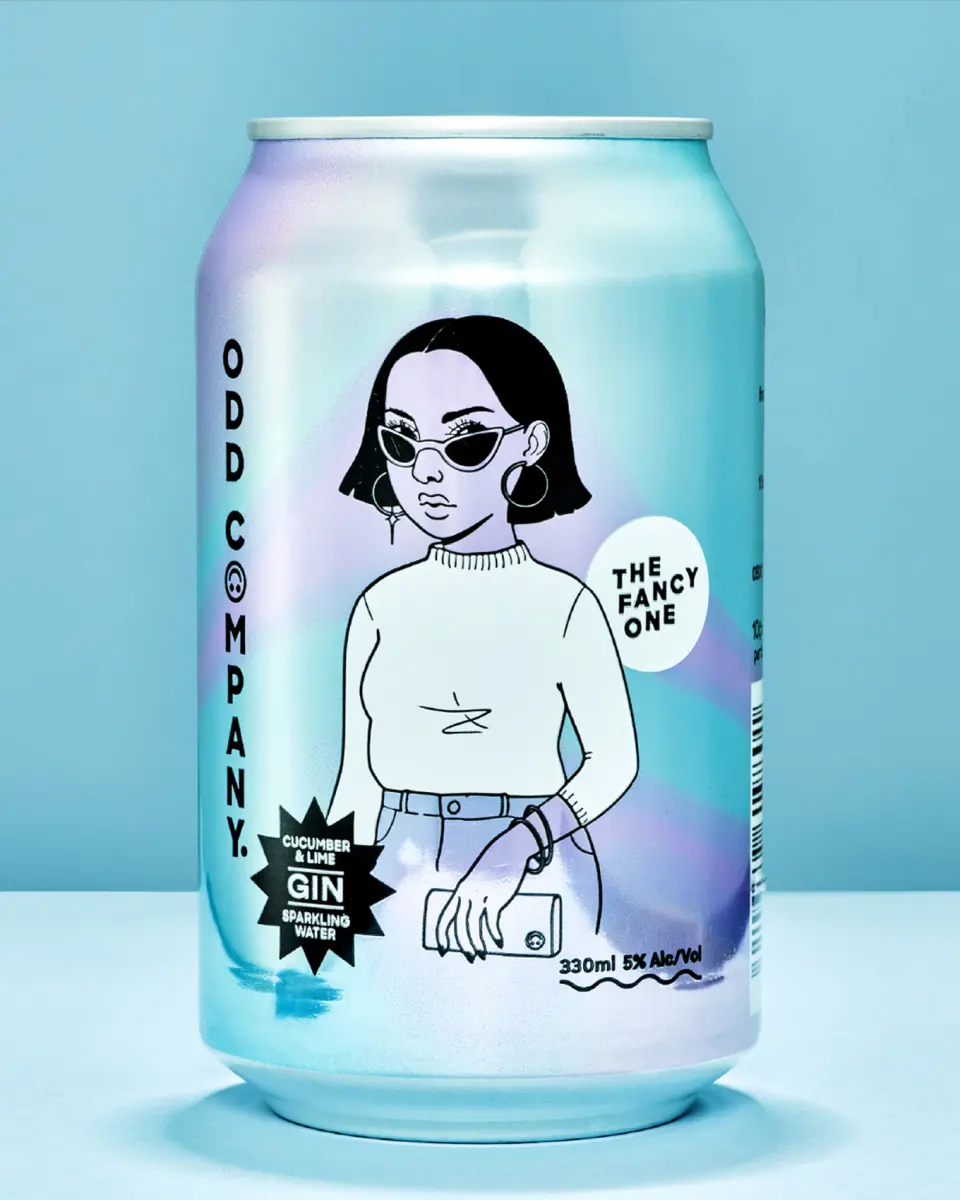 Odd Company can with an illustrated woman on a pale blue background