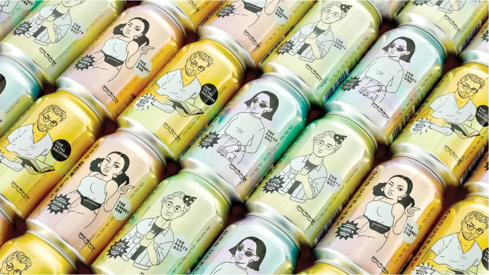 Rows of Odd Company cans with illustrated labels