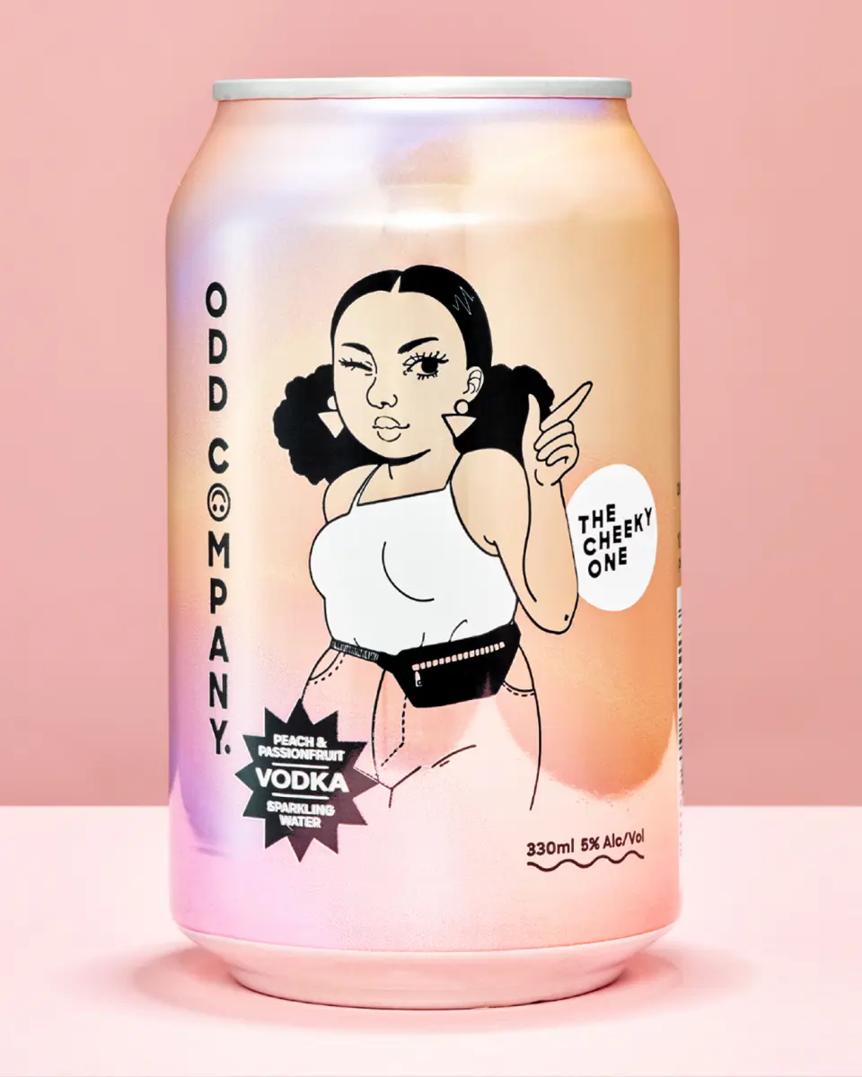 Odd Company can with an illustrated woman on a pink background
