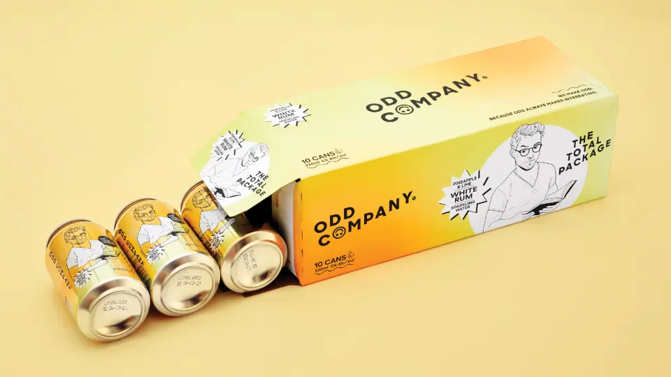 Odd Company can and carton on a yellow background