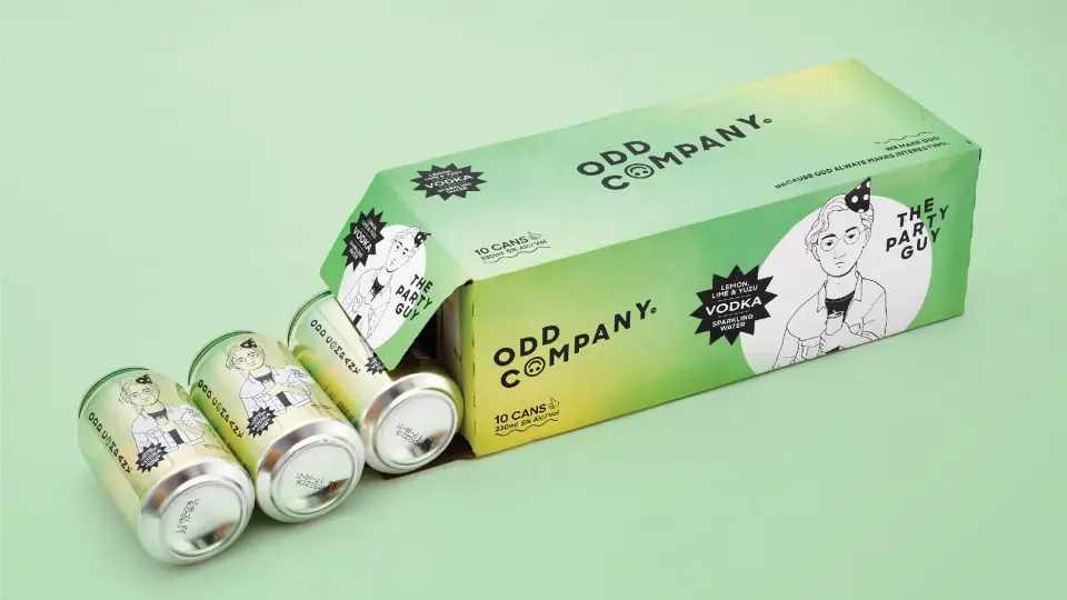 Odd Company cans and carton on a pale green background