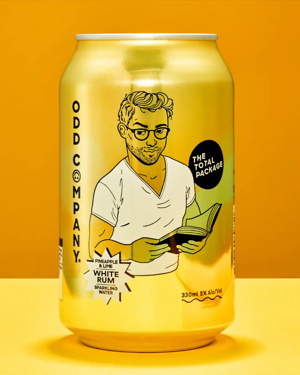 Odd Company can with an illustrated man on an orange and yellow background