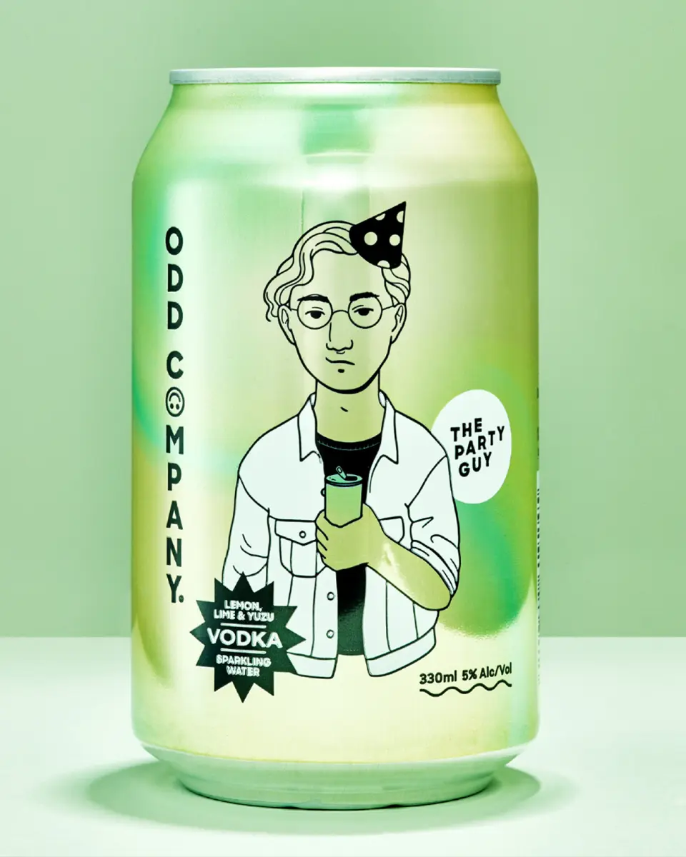Odd Company can with an illustrated person on a green background