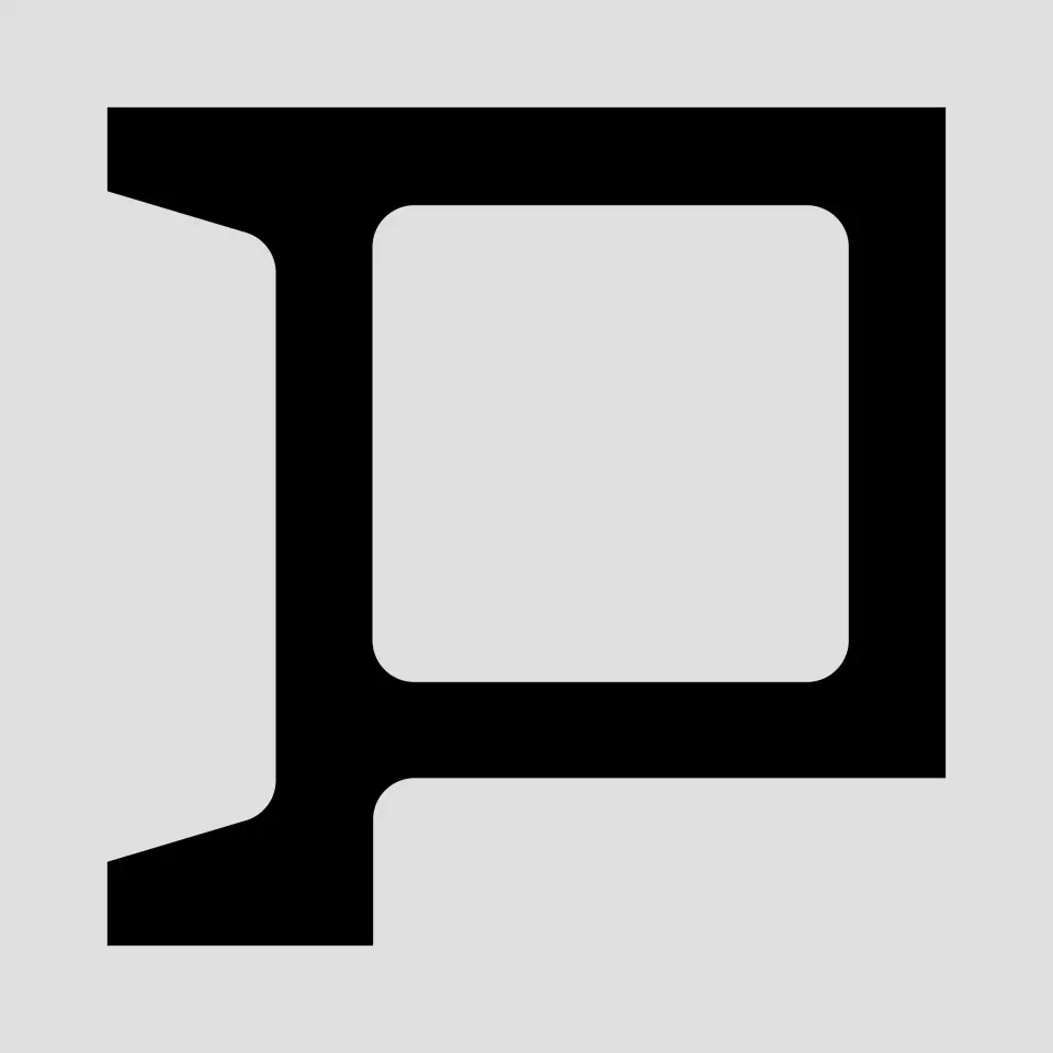 Black bold letter P logomark on a light grey background