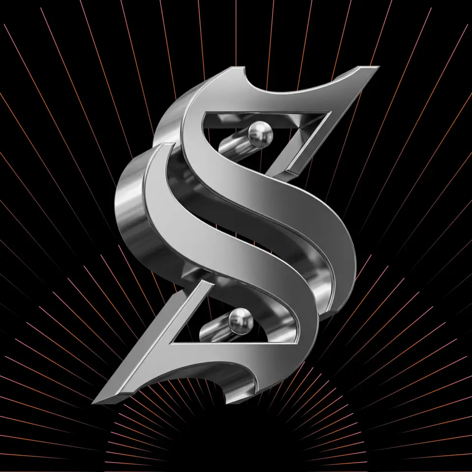 Chrome 3D letter “S” with a radiating line mark on black